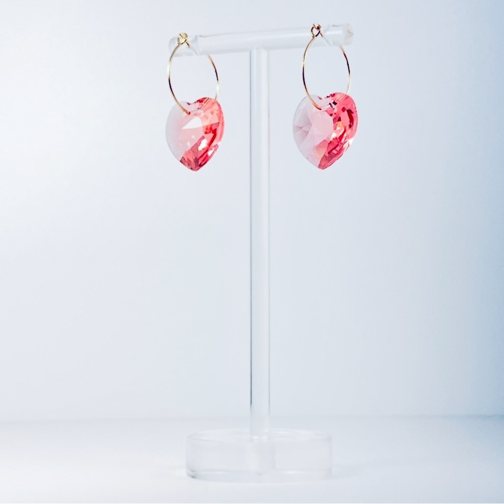 Crystal Heart Hoop Earrings | Reflective Pink | Gold Filled Hoops | $38
